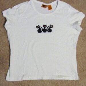 Halloween Cat White  T shirt- size L - black cats rhinestone eyes